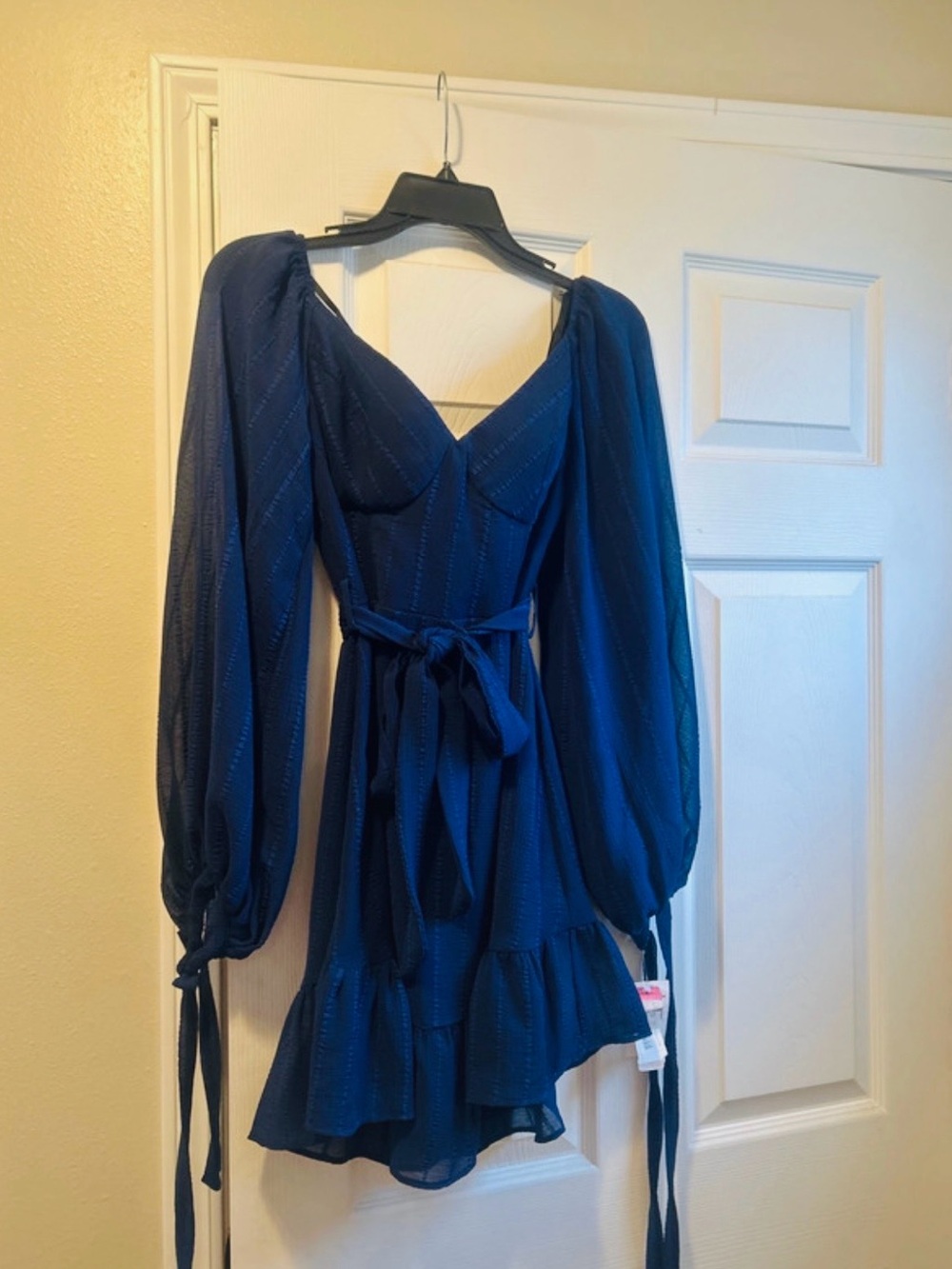 New B. Darlin Blue Long-Sleeve V-Neck Tie-Waist Dress